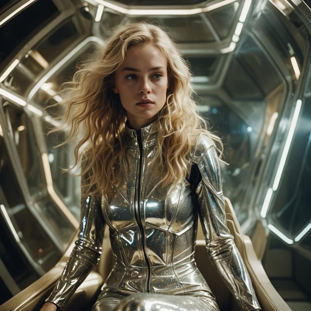 Magnifique femme blonde, dans un vaisseau spatial