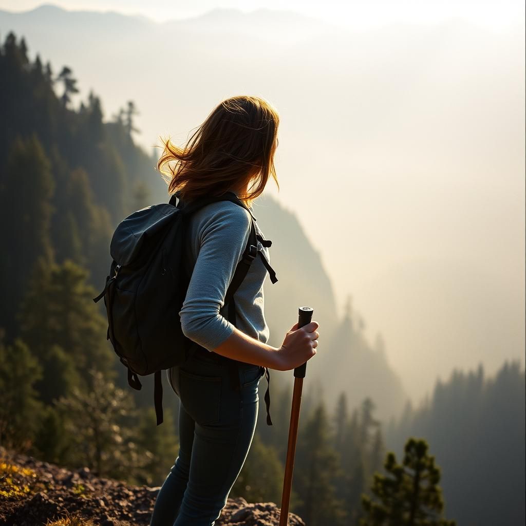 Triumphant Hiker at Mountain Vista in Cinematic Style