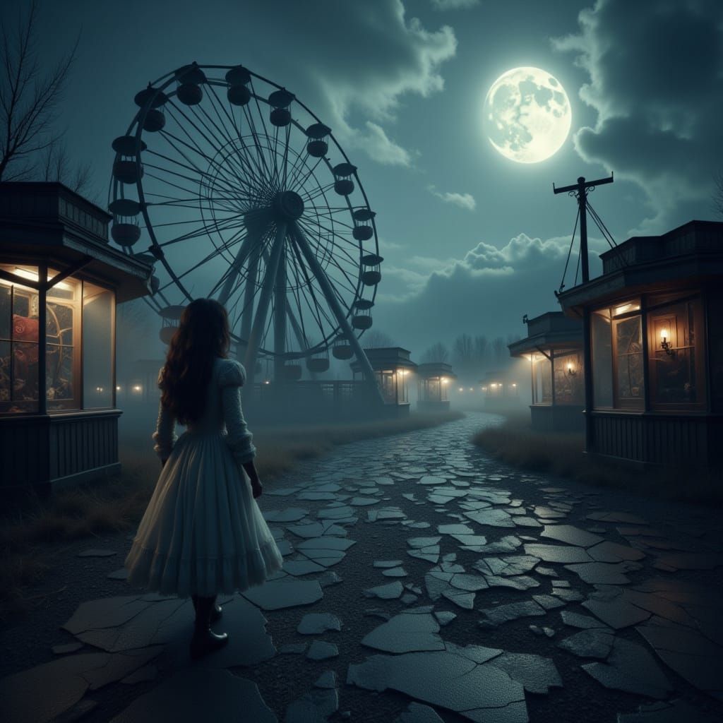 Eerie Woman Walks Through Abandoned Dystopian Carnival