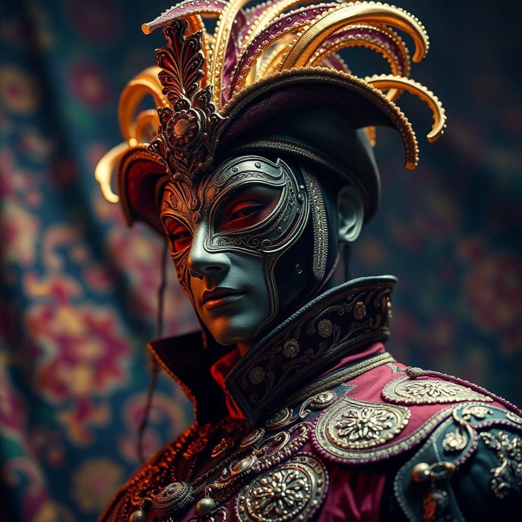 Mysterious Masquerade Figure in Vibrant, Cinematic Portrait