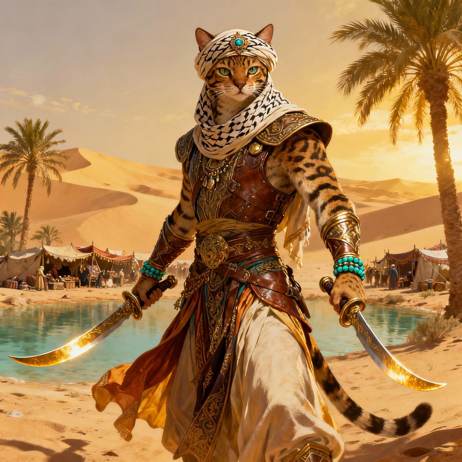 Tabaxi Warrior in Arabic Desert Garb with Dual Scimitars