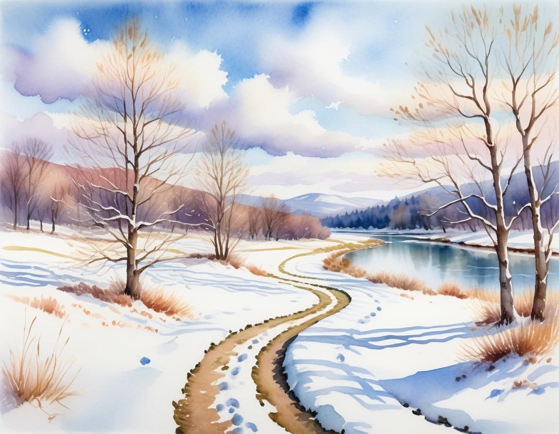 Winter Landscape Watercolor Painting in Impressionist Style