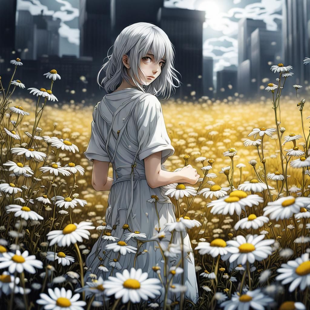 Tin Chamomile on Platinum Meadow: Hyperrealistic Fantasy Art