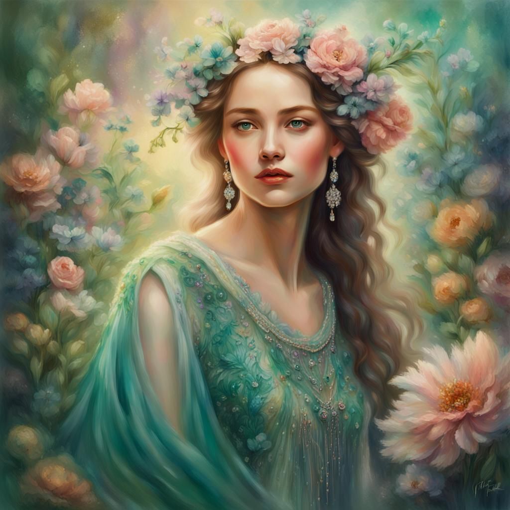 Lady in Flowy Dress Amidst Lush Flowers