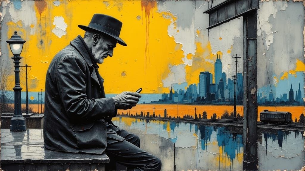 Station Master's Vigil: Textured Impasto Acrylic Painting