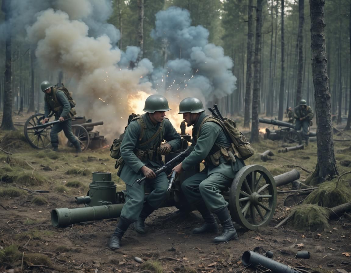 French Artillery Soldiers in Battlefield Landscape
