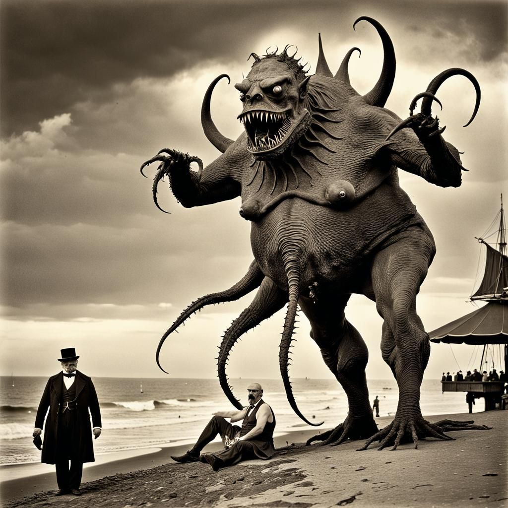 Lovecraftian Monster Seaside Photo in Sepia
