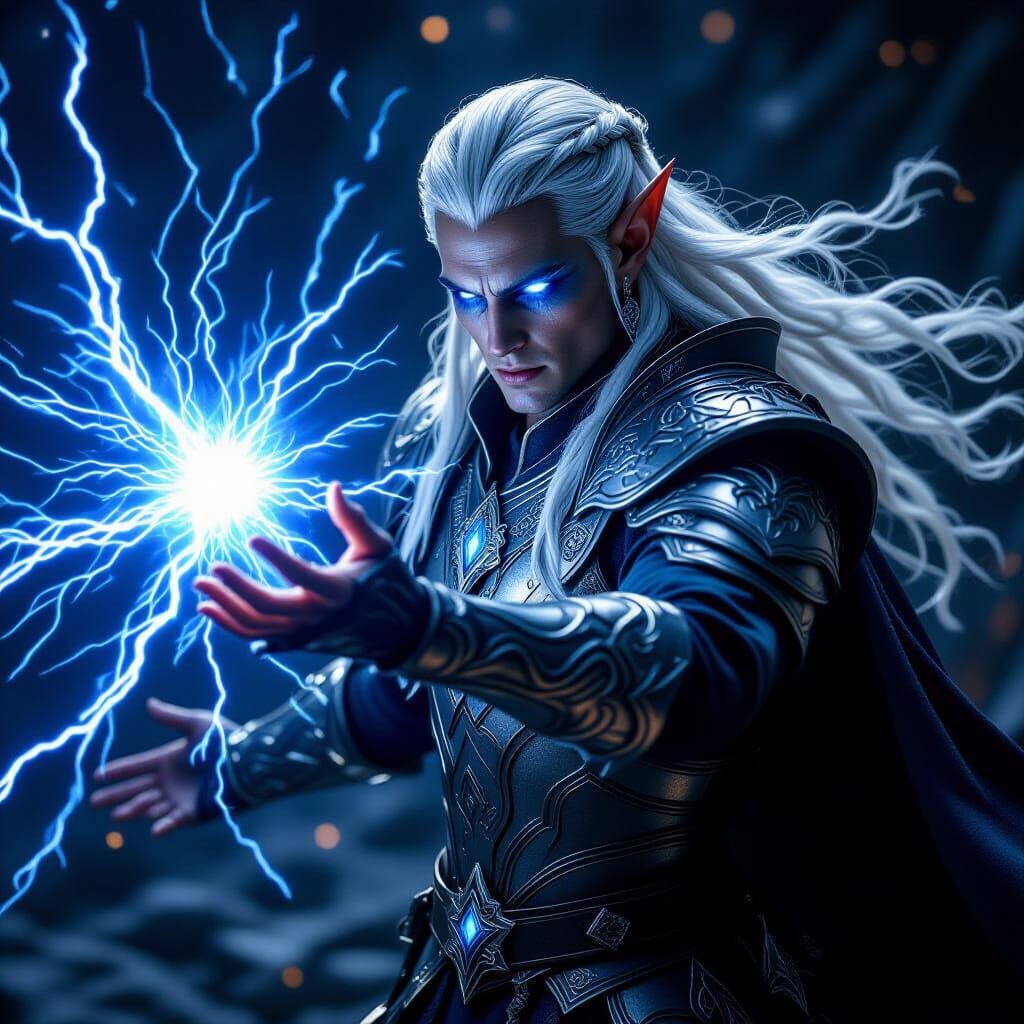 Elven Mage Unleashes Lightning Bolt in Epic Fantasy Art