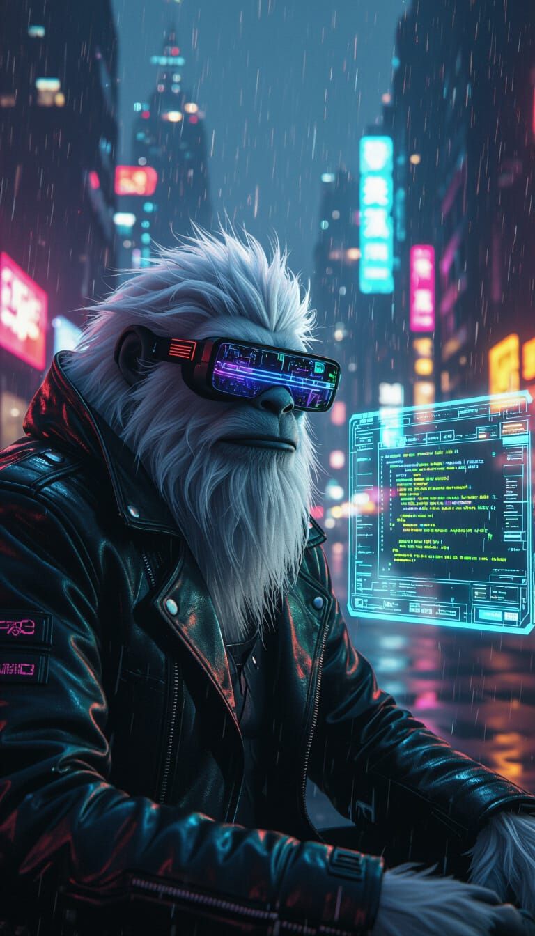 Cyberpunk Yeti Programmer in Rain-Soaked Cityscape