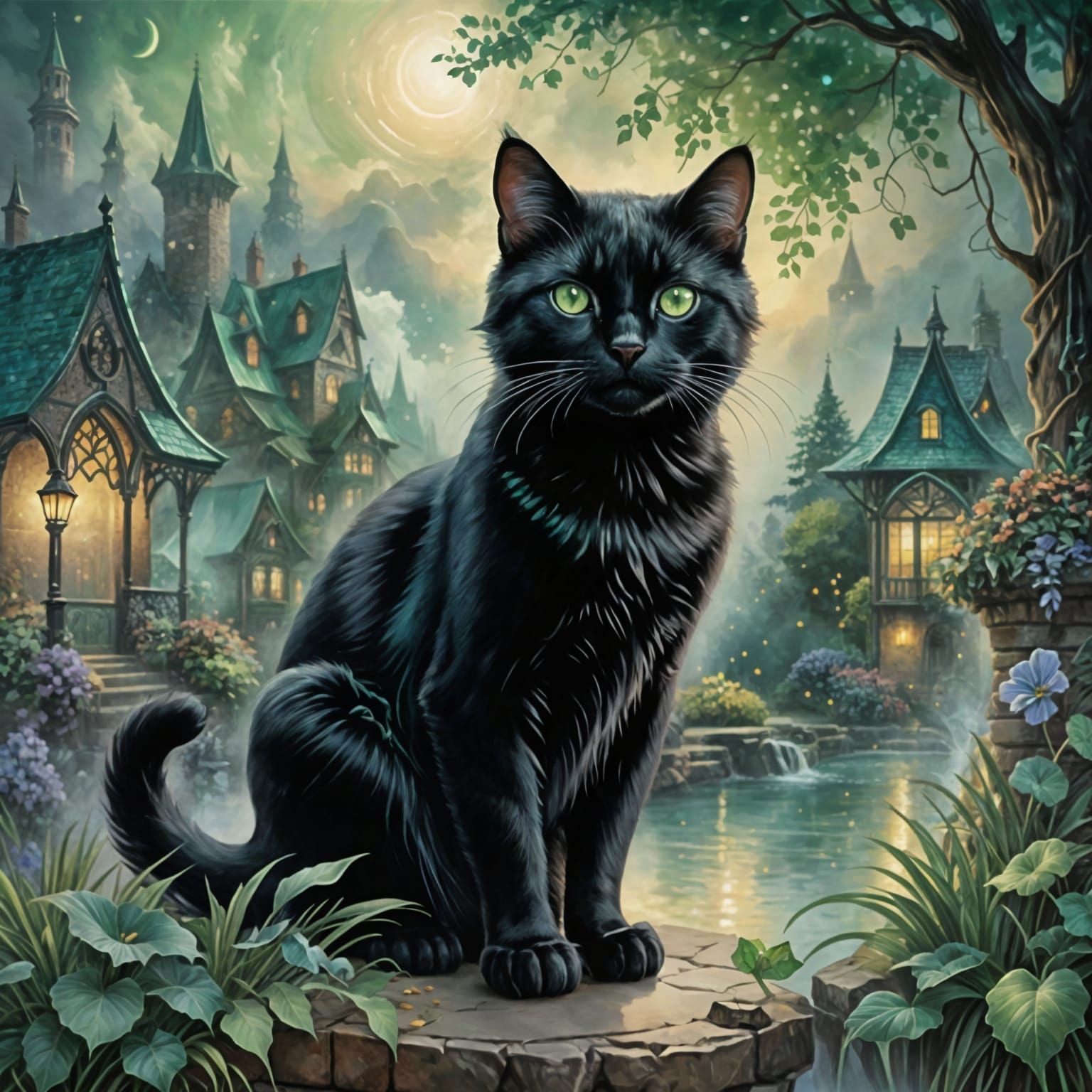 Emerald-Eyed Black Cat in Ethereal Fantasy Style