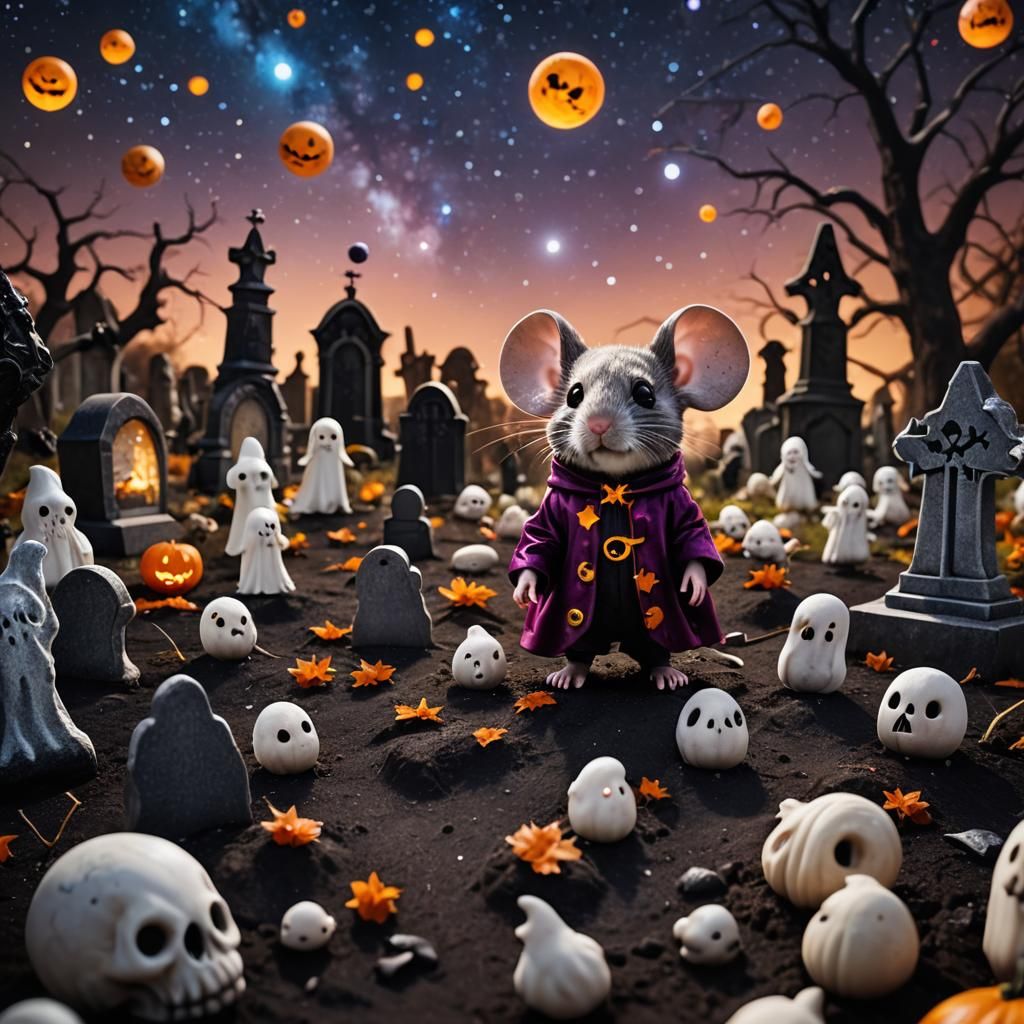 Chibi Mouse in Graveyard: Hyper-Realistic Halloween Night