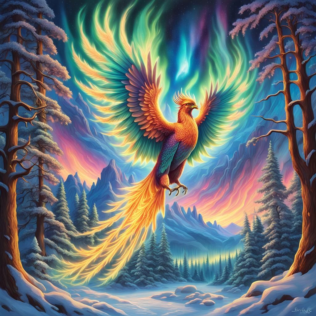 Ethereal Phoenix Rising From Enchanted Forest