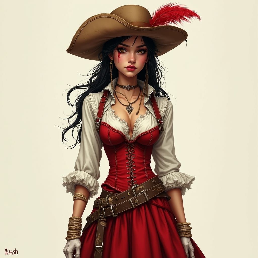 Gritty Cowgirl Pirate in a Red Corset and Tattered White Shi...