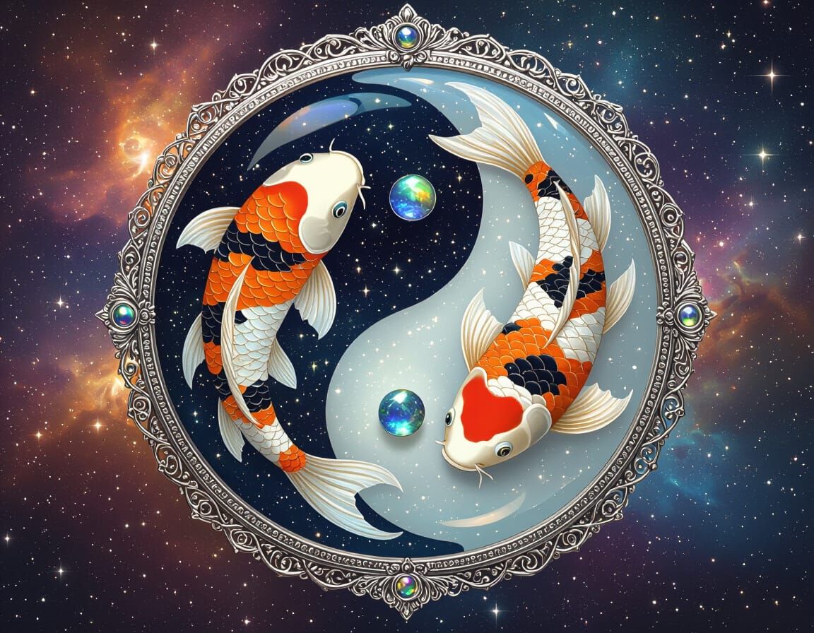 Koi Fish Yin Yang in Cosmic Nebula, Holographic Illustration