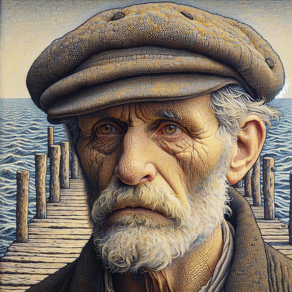 Weathered Man Gazing at Sea as Pointillist Oil Painting