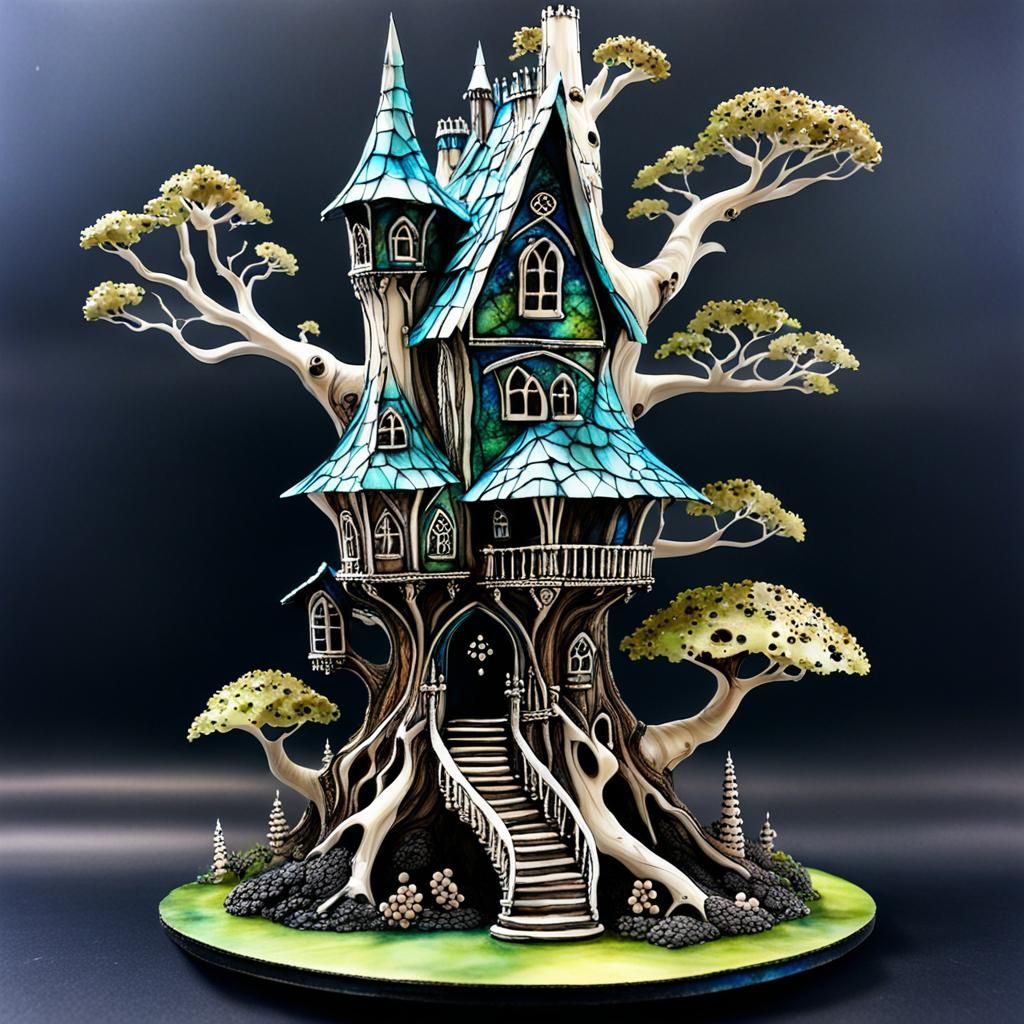 Gothic Fairy Treehouse in Bone, Alcohol Ink Art