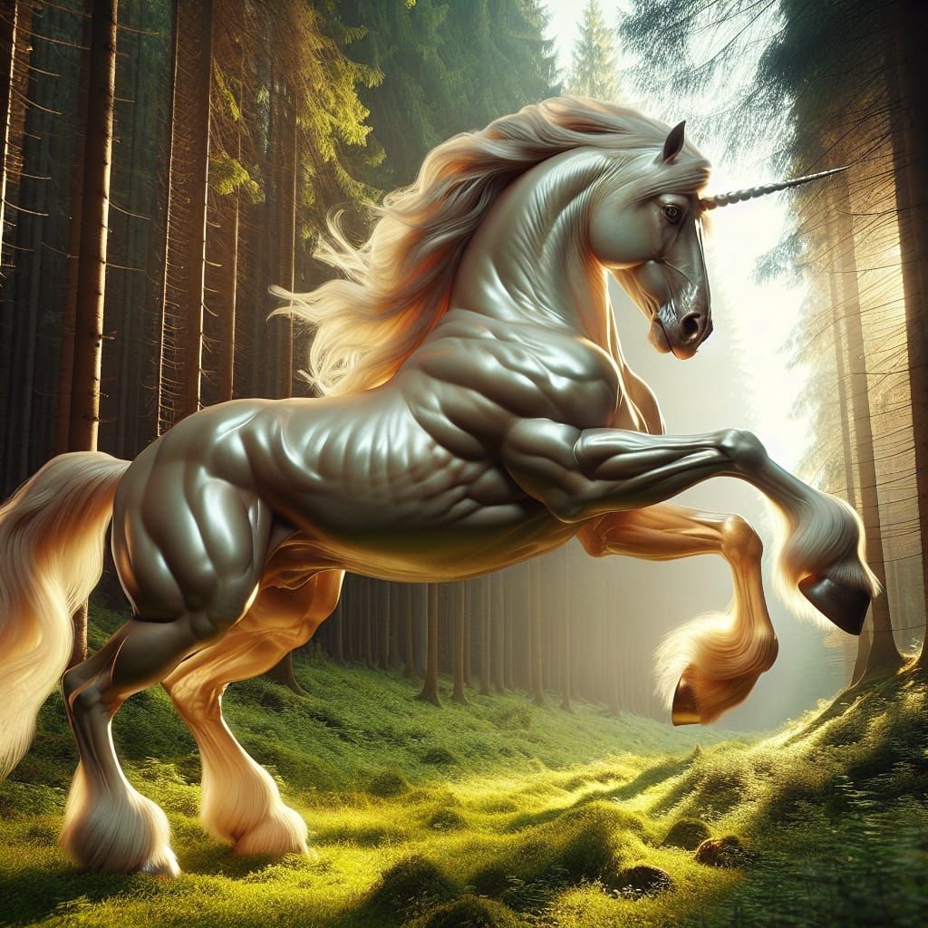 Golden Unicorn Stallion in Forest Glade