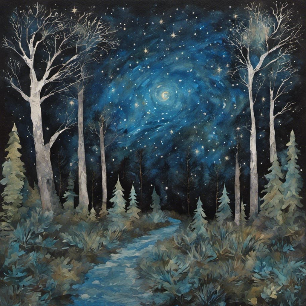 Woodland Path Under Starry Sky in Collage Style
