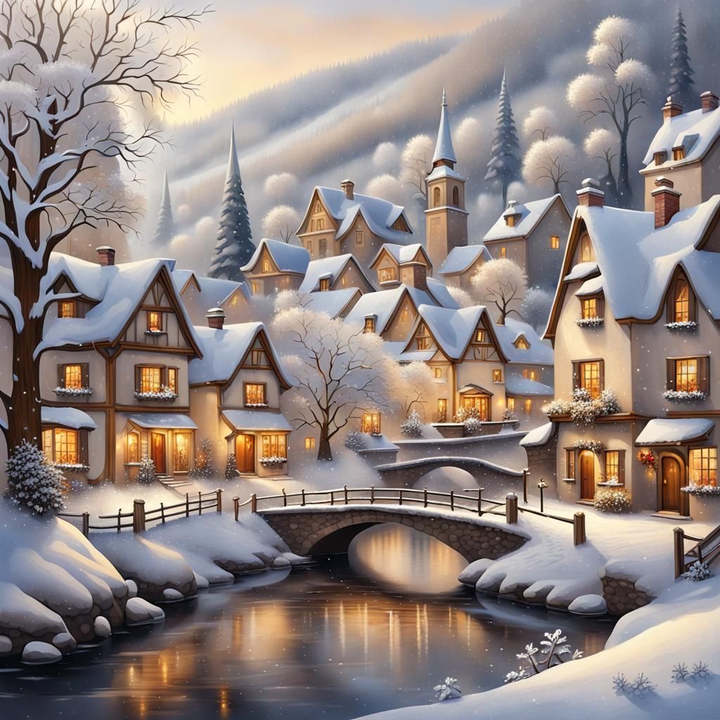 Enchanting Winter Village in a Snowy Landscape