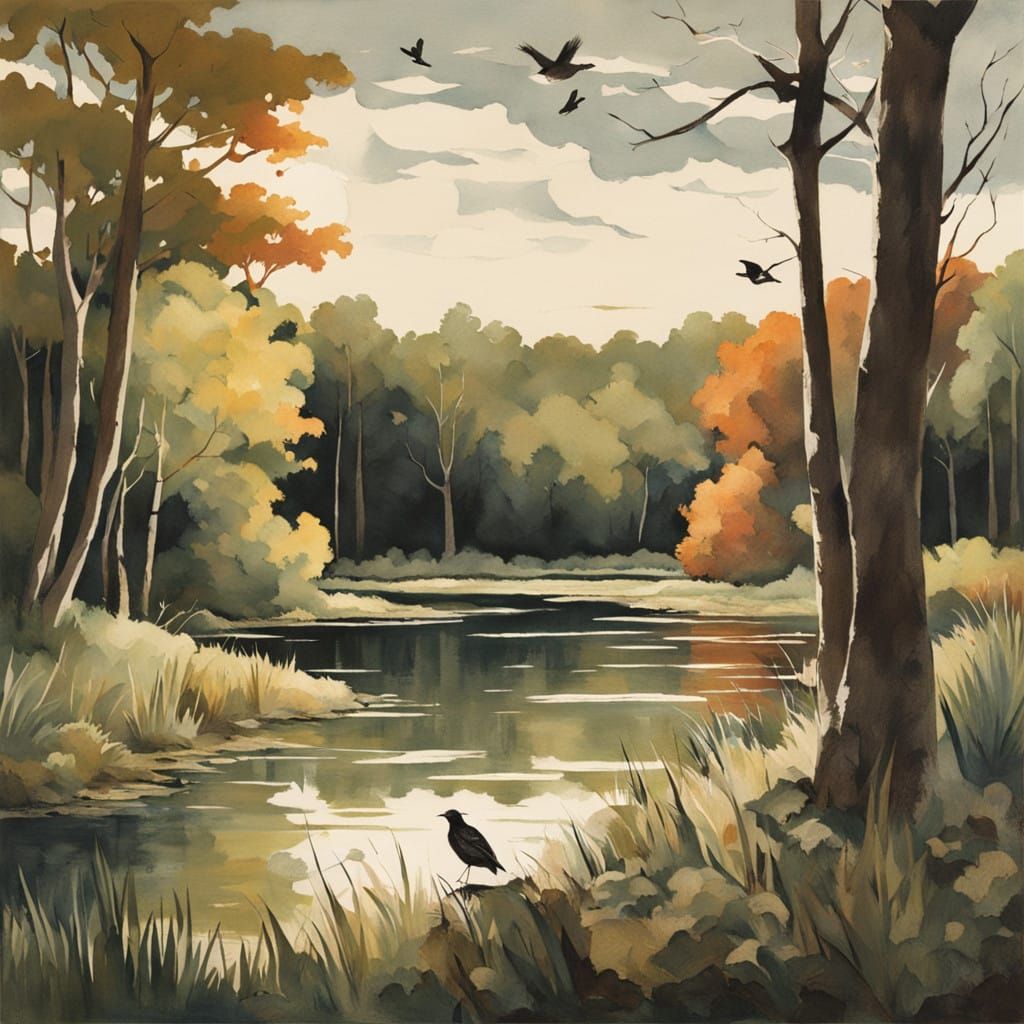 Serene Lake Scene in Impressionist Style