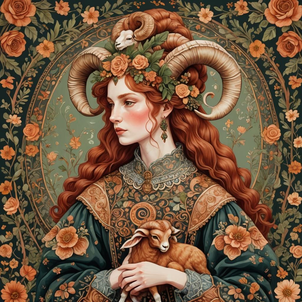 Aries Zodiac Symbolized in Folk Art Gouache Painting