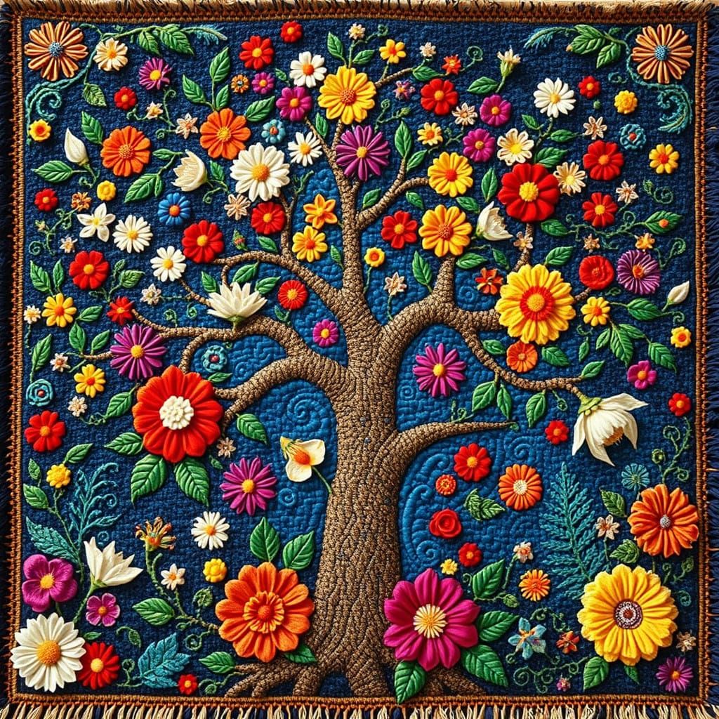 Surreal Floral Tapestry in Vibrant Colors and Textured Patte...