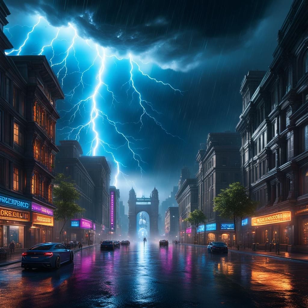 Epic Thunderstorm Over City, Detailed Matte Painting