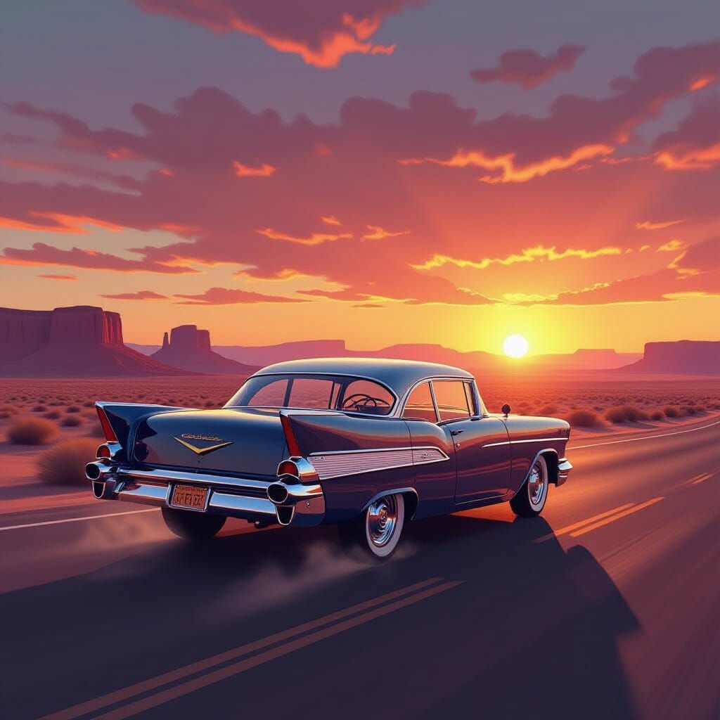 Vintage 1950s Car on Desert Highway at Sunset