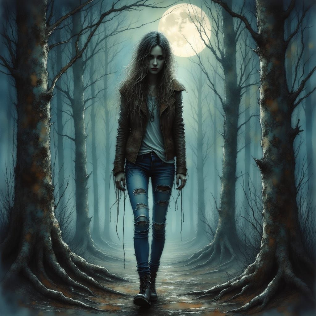 Lost Woman in Misty Forest, Digital Painting