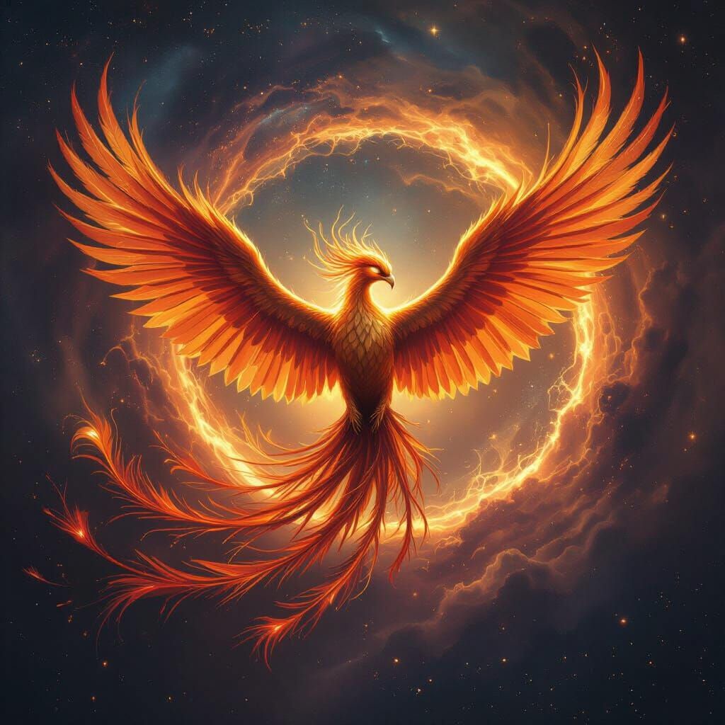 Majestic Phoenix Erupts from Cosmic Vortex in Hyperrealistic...