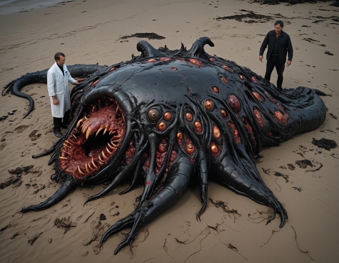 Giant Eyed Blob Carcass on Beach at Night