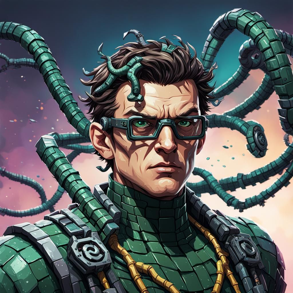 Pixelated Batboy vs Doc Ock: Hyperrealistic Splash Art