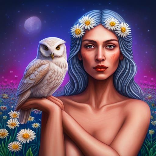 Psychedelic Sorceress With Owl in Dreamlike Flower Field