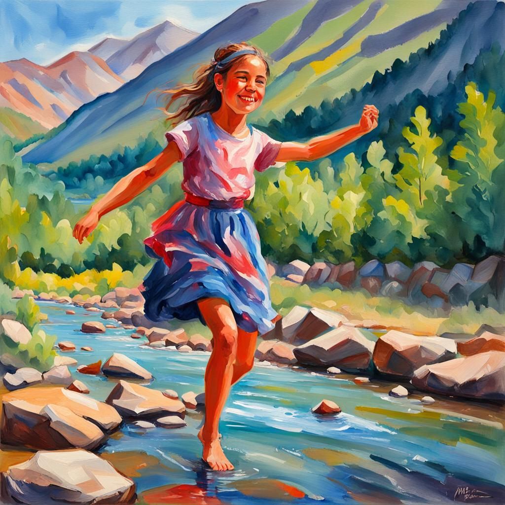 Girl Dancing by River in Georgia: Gouache Style