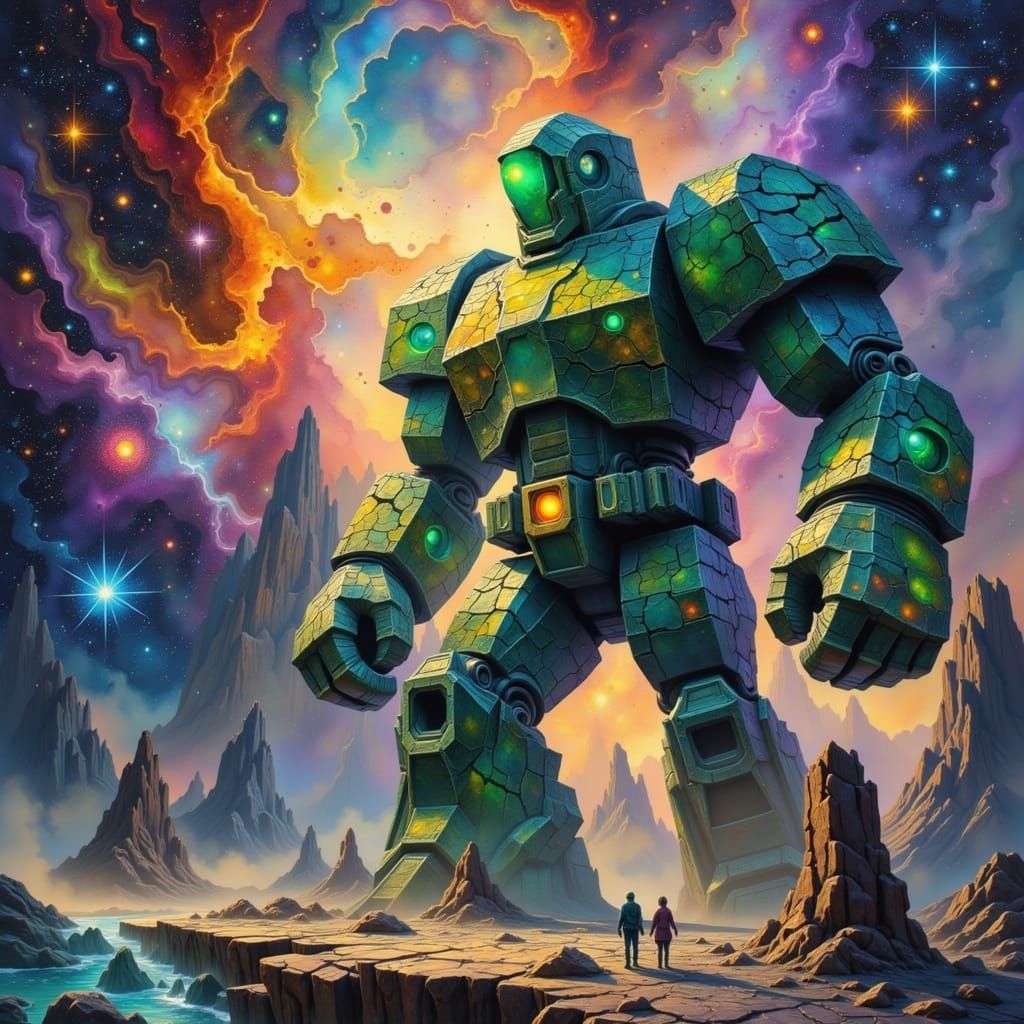 Emerald Golem Guards Cosmic Observatory in Sci-Fi Style