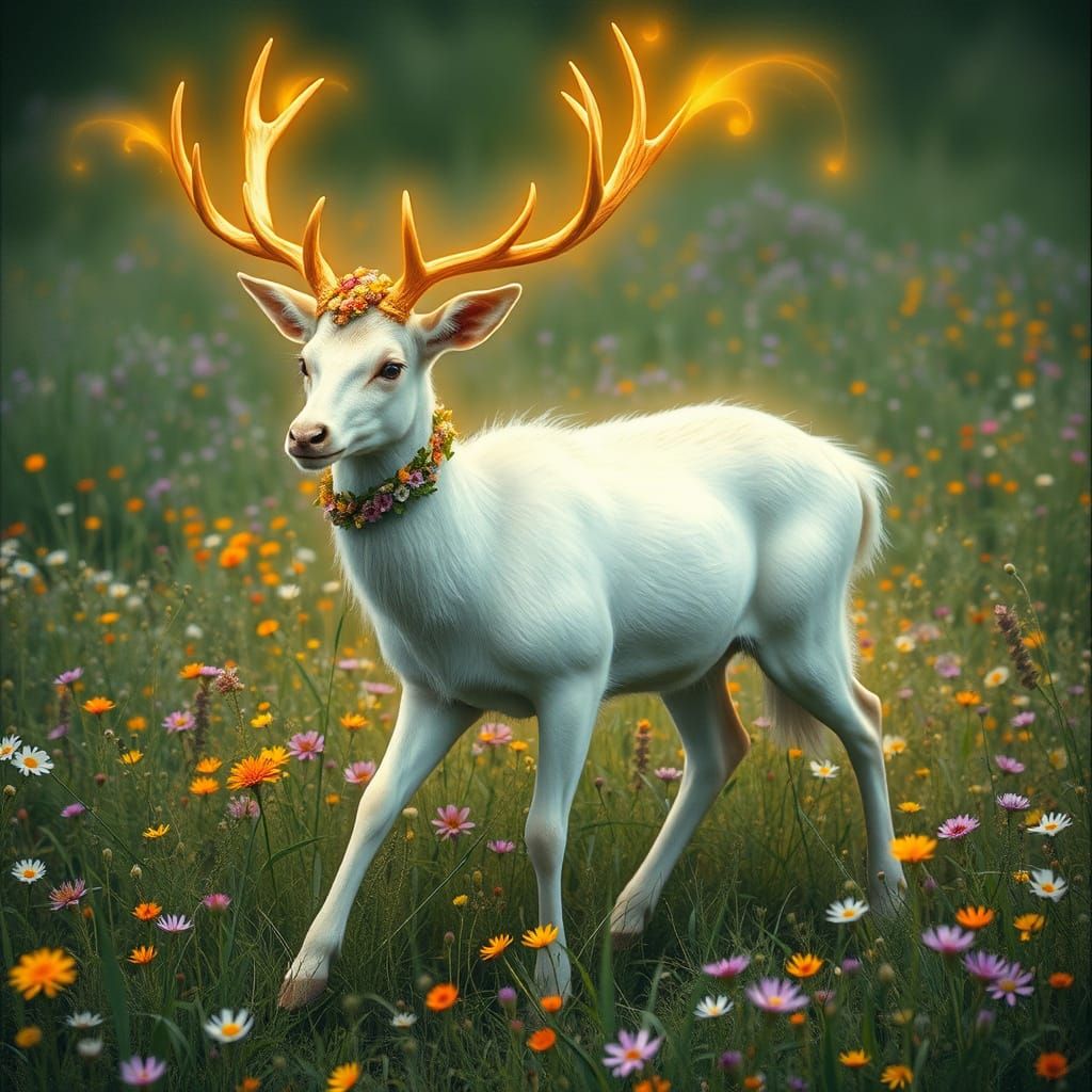 Majestic White Deer with Gold Antlers in Wildflower Meadow