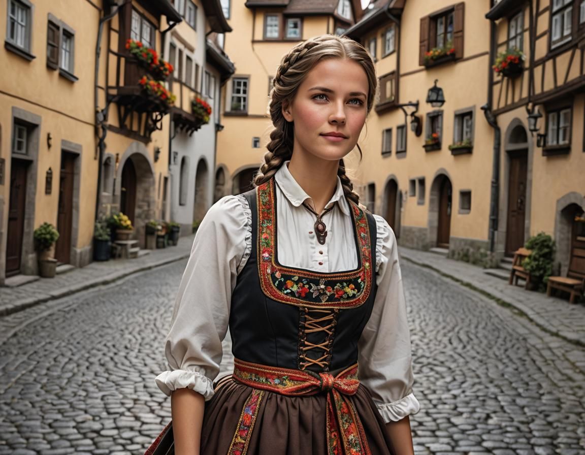 German Woman in Dirndl on Cobblestone Street