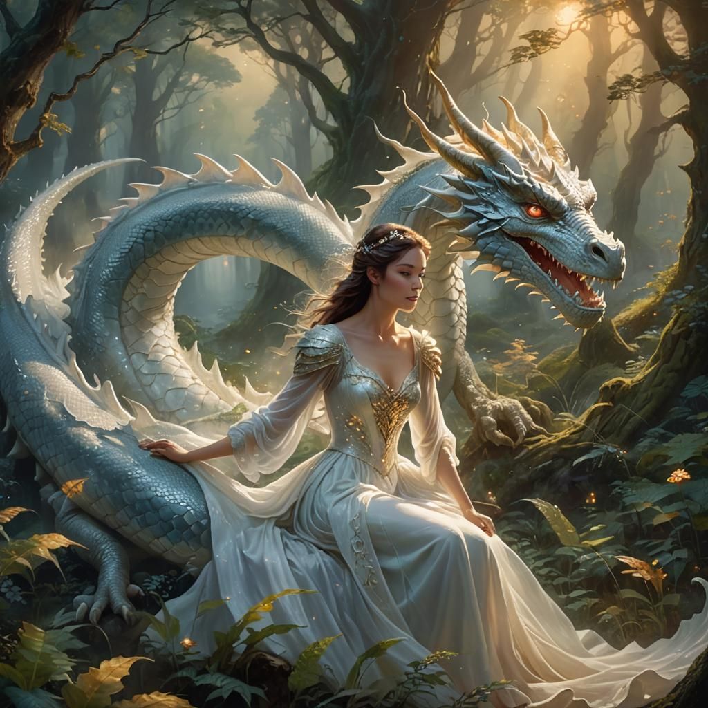 Woman Rides Dragon in Misty Forest, Kinkade Style