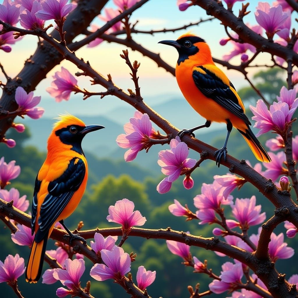 Orioles in Jacaranda Tree, Murakami-Inspired Art