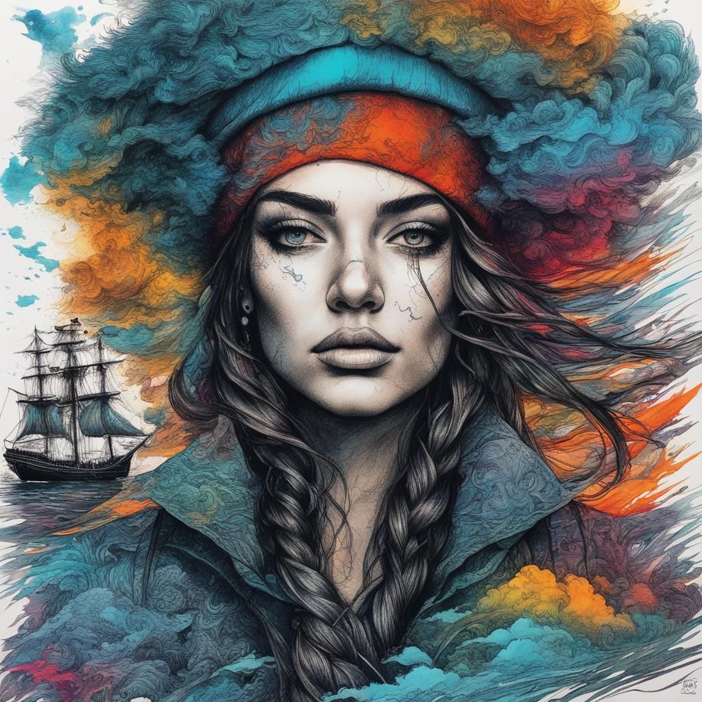 Girl Silhouette and Pirate Ship in Graffiti Art
