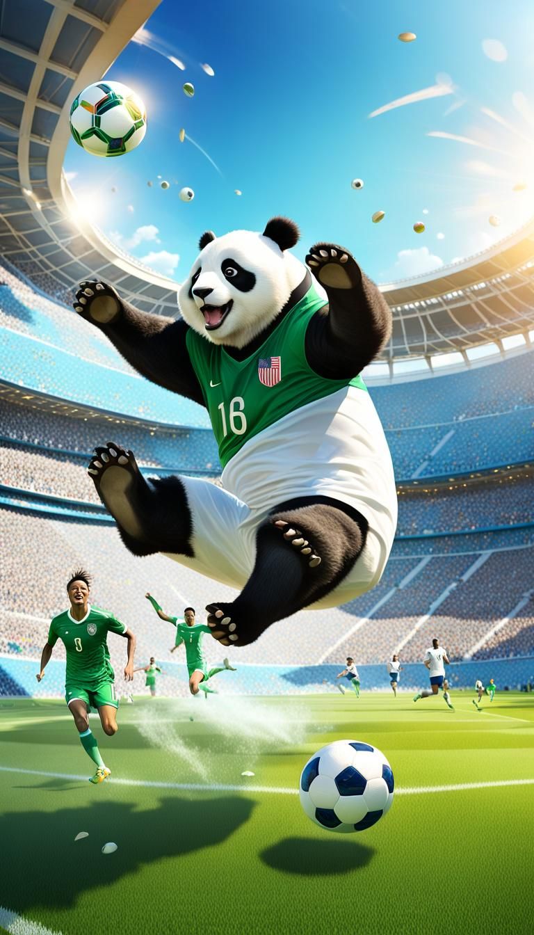 Anthropomorphic a PANDA, mid-leap, herd mentality, energy, speed, coordination, agility, with adorning USA Olympic Gold ...
