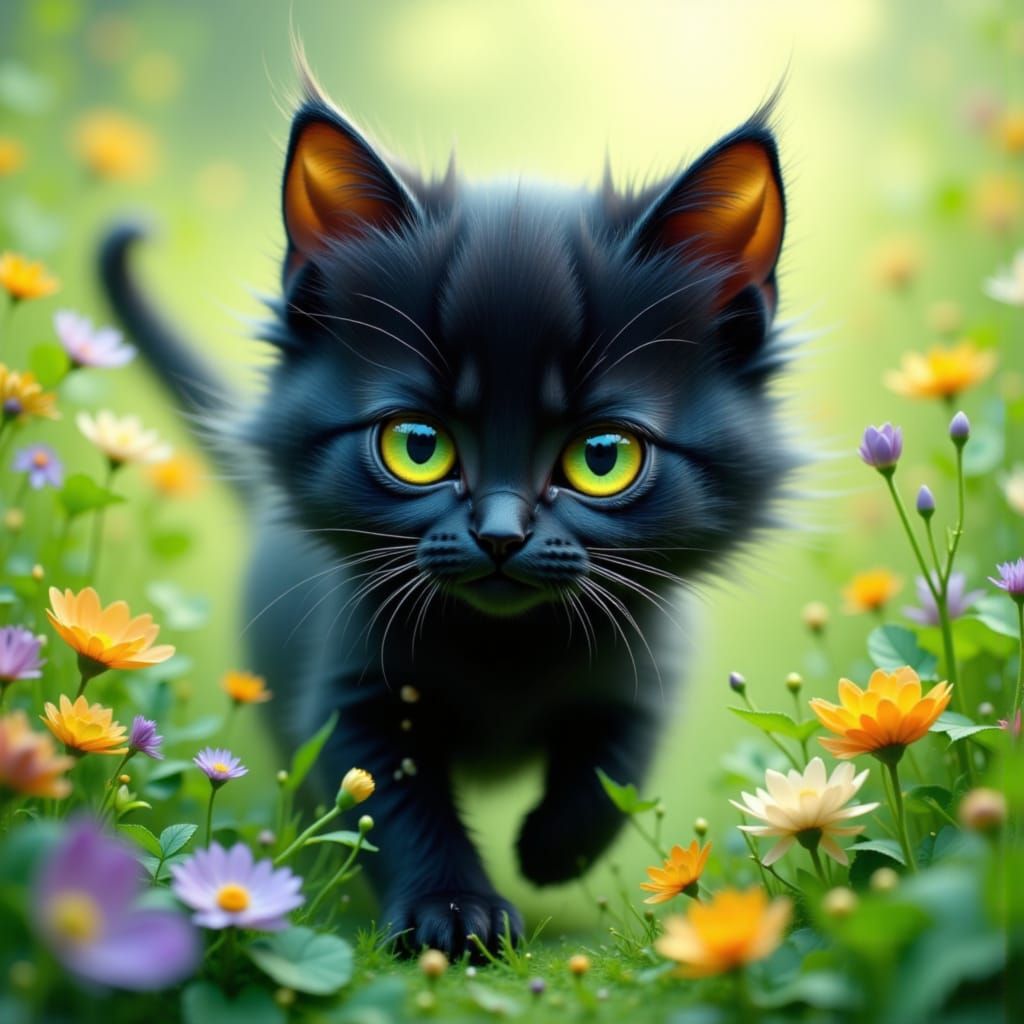 Adorable Black Kitten in Enchanted Meadow