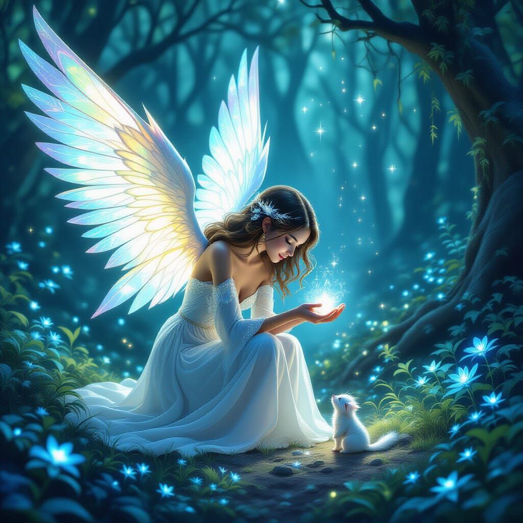 Starlight Guardian Rescues Lost Creature in Magical Forest