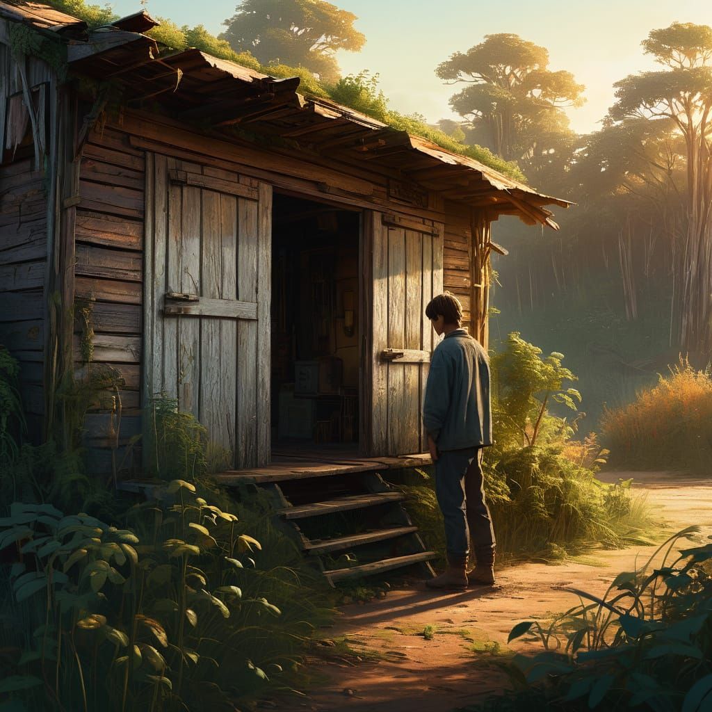 Golden Hour Shack: A Vibrant Oil Painting
