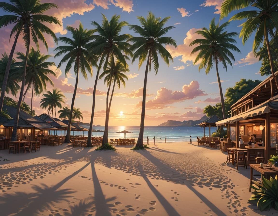 Tropical Beach Sunset in Anime Style