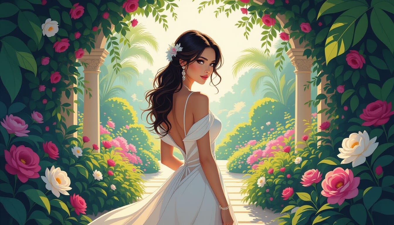 Elegant Woman in a Luxurious Flowery Garden