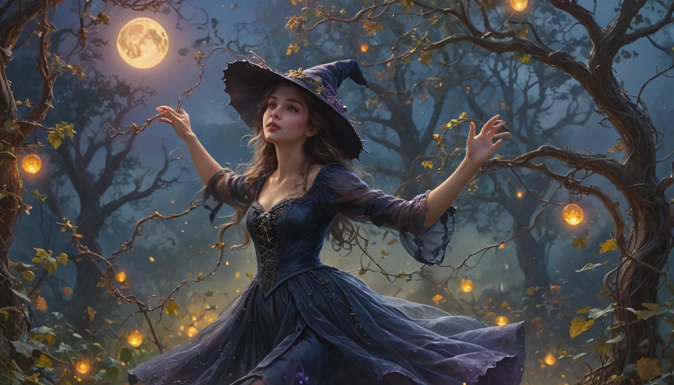 Young Witch Dancing Under Harvest Moon in Oil Painting