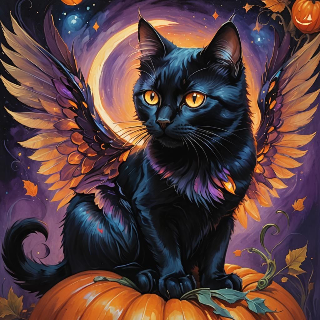 Winged Black Cat on Mystical Pumpkin: Dark Fantasy