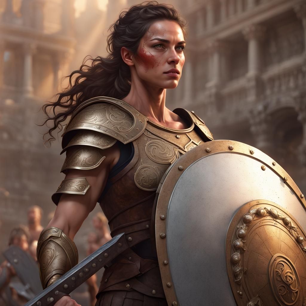 Roman Gladiator Woman Portrait in Detailed Splash Art