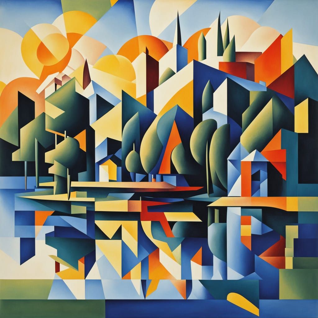 Abstract Cubist Plaza by the Lake